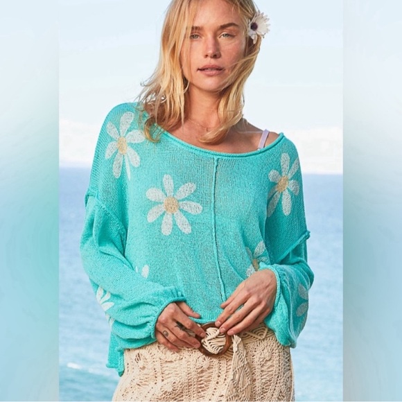 POL Mint Lightweight Daisy Floral Print Balloon Sleeve Sweater Top - Picture 2 of 3
